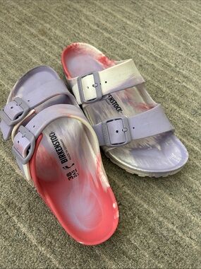 Birkenstock Women’s Two-Strap Contoured Sandals in Lavender & Coral Tie-Dye